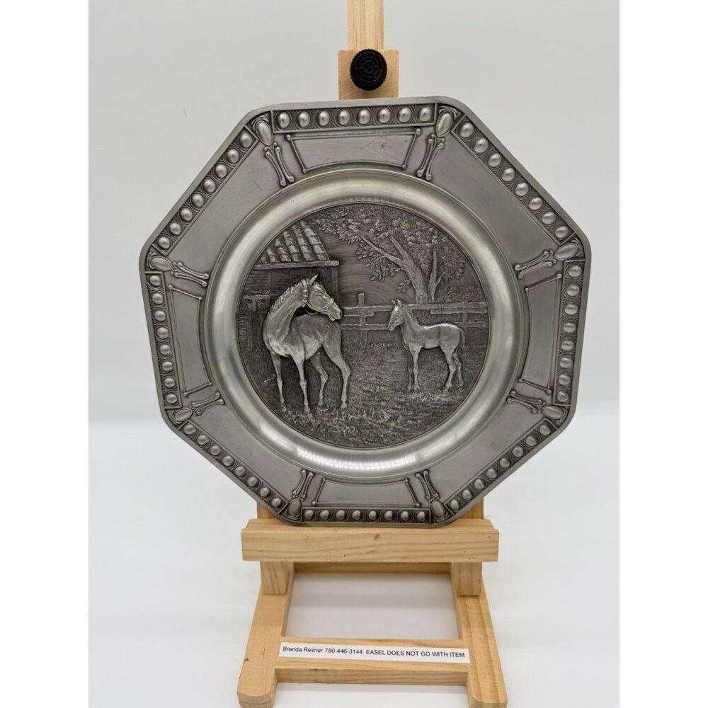 Vintage Pewter Plate Wall Hanging Embossed Mare and Foal KISKIN Belgium Octagon